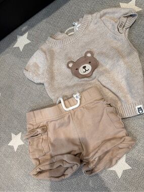 Organic Beige Bear Knit Top & Shorts Kids Matching Set